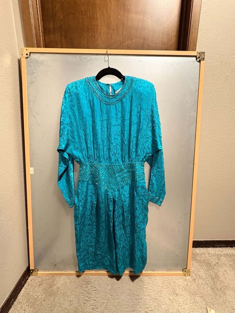 Vintage 80s Beaded 100% Silk Dress with shoulder pads